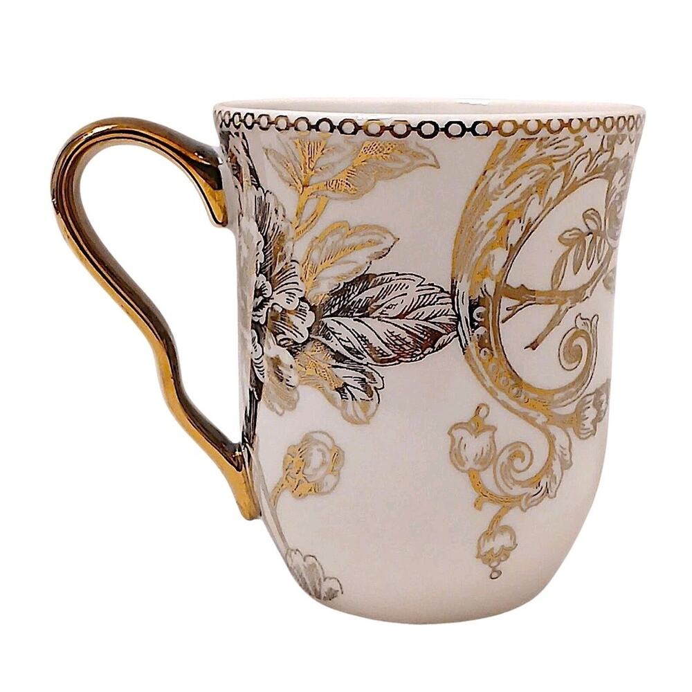 222 Fifth ADELAIDE Gold Gilded Mug 12oz Coffee Tea Latte Cup French Bird Floral - Picture 3 of 13